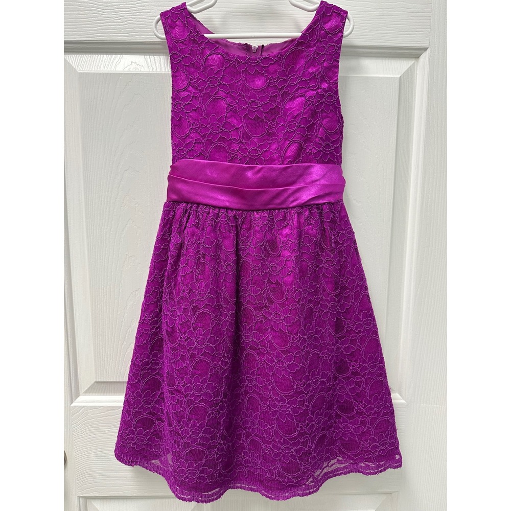 Rare Editions Girls Magenta Purple Lace Party Dress Size 8 Satin Sash H472424